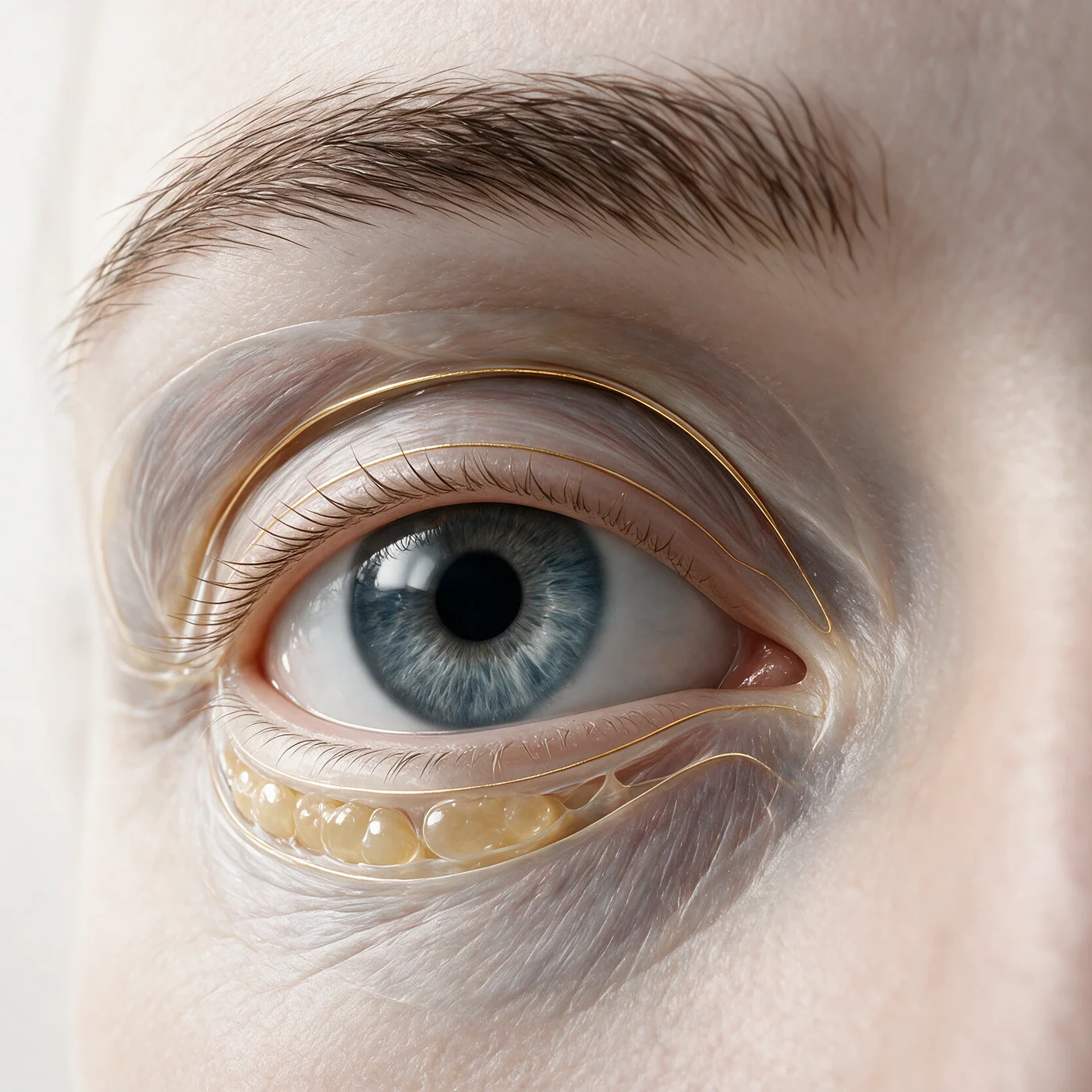 Illustrazione della palpebra inferiore con compartimenti adiposi e strutture di sostegno