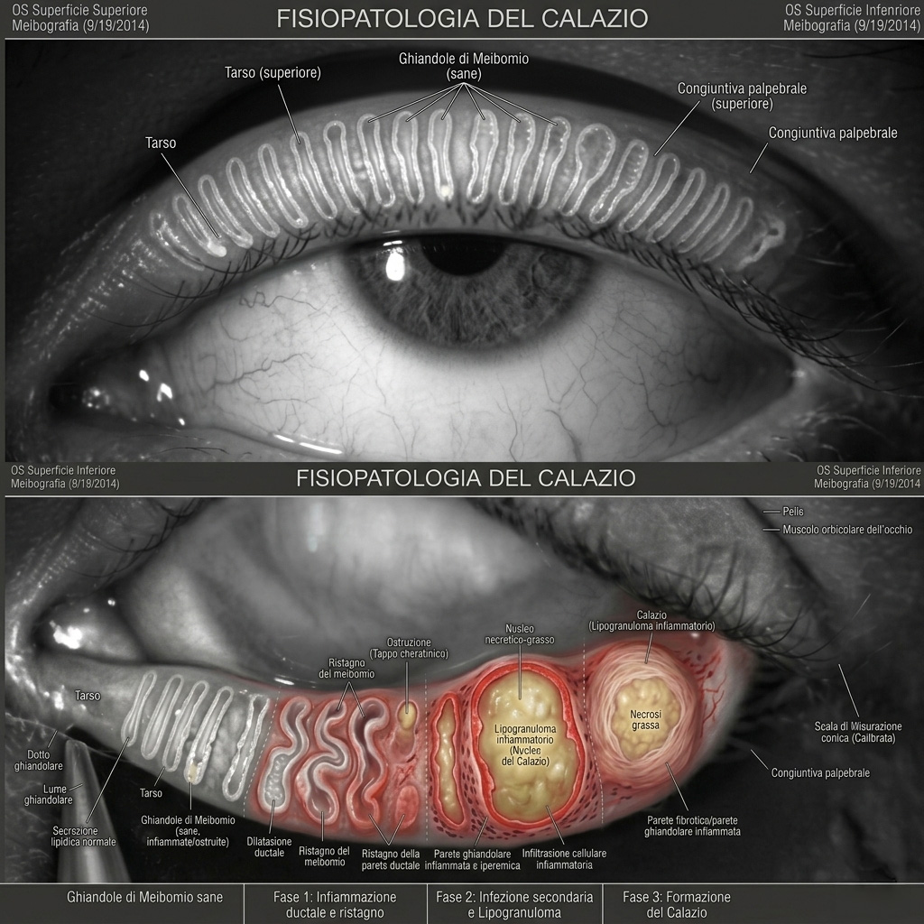 Meibografia e schema della fisiopatologia del calazio