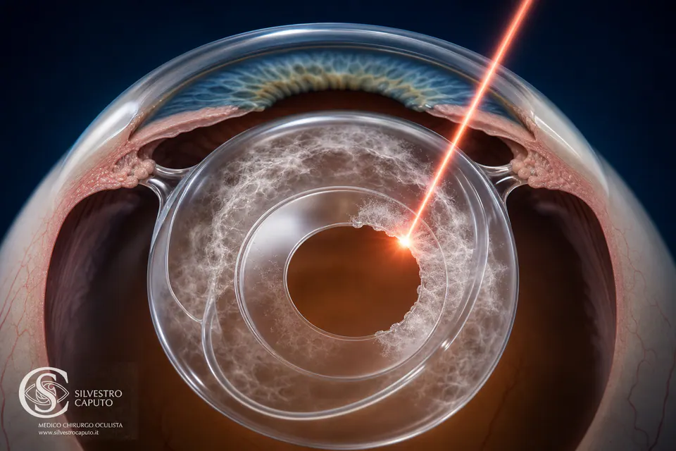 Illustrazione del laser YAG che crea un'apertura nella capsula posteriore dietro una lente intraoculare