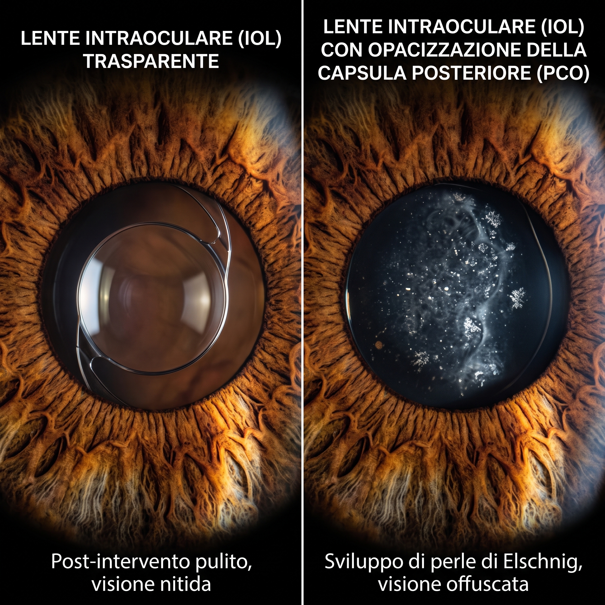 Confronto illustrativo tra lente intraoculare trasparente e lente con opacizzazione della capsula posteriore