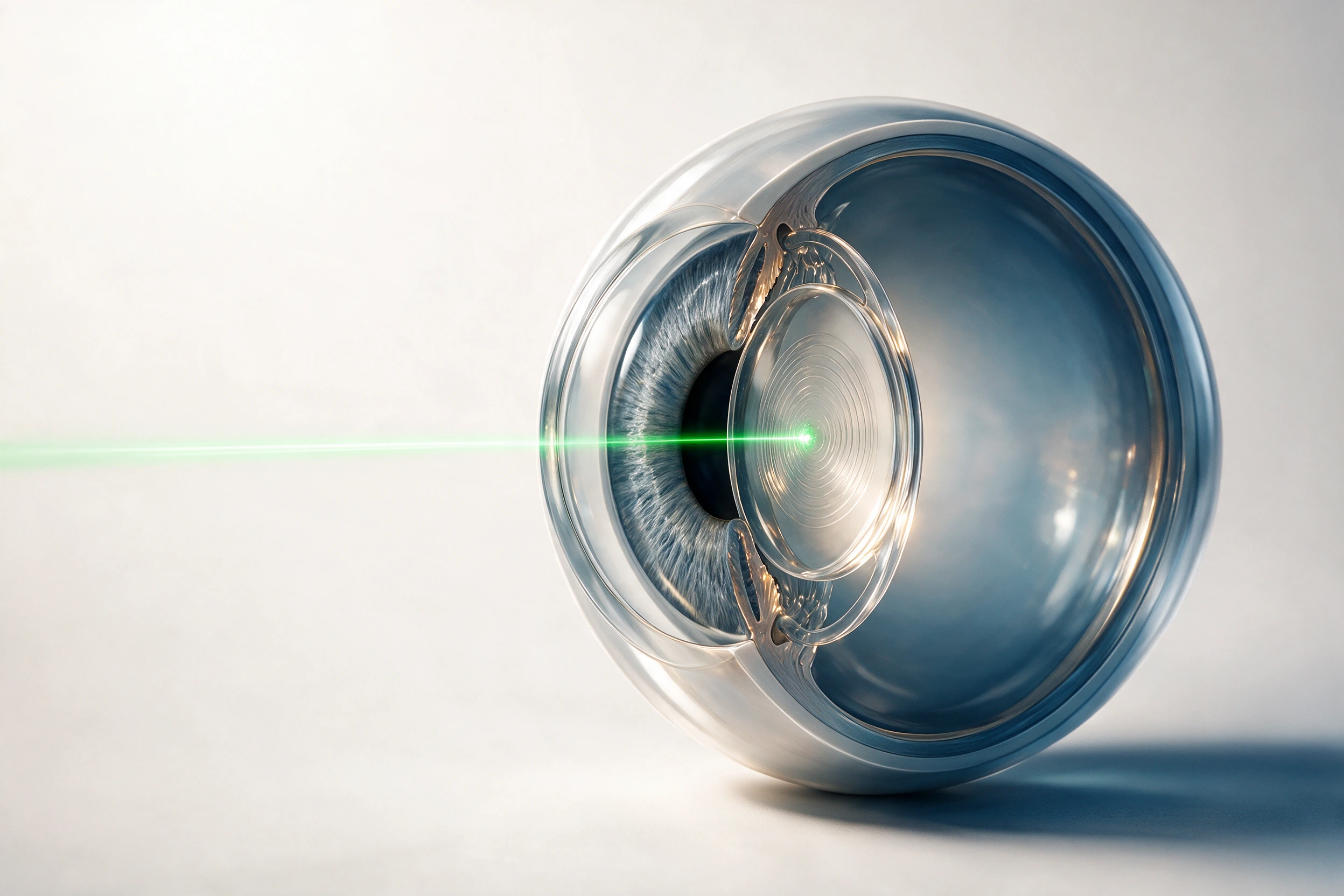 Illustrazione del laser YAG focalizzato sulla capsula posteriore dietro la lente intraoculare