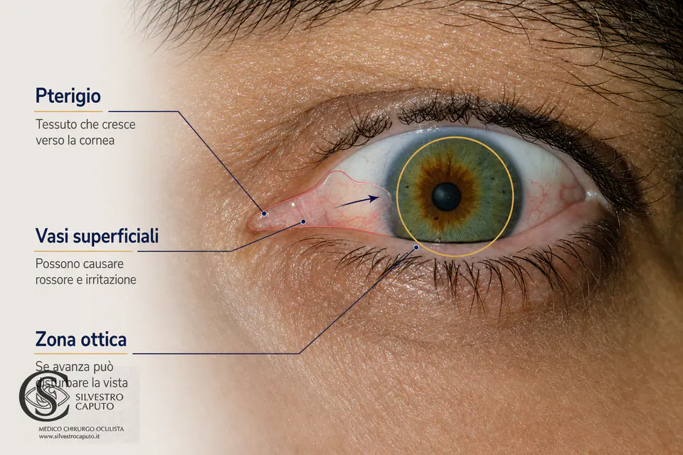 Schema del pterigio che cresce dalla congiuntiva verso la cornea