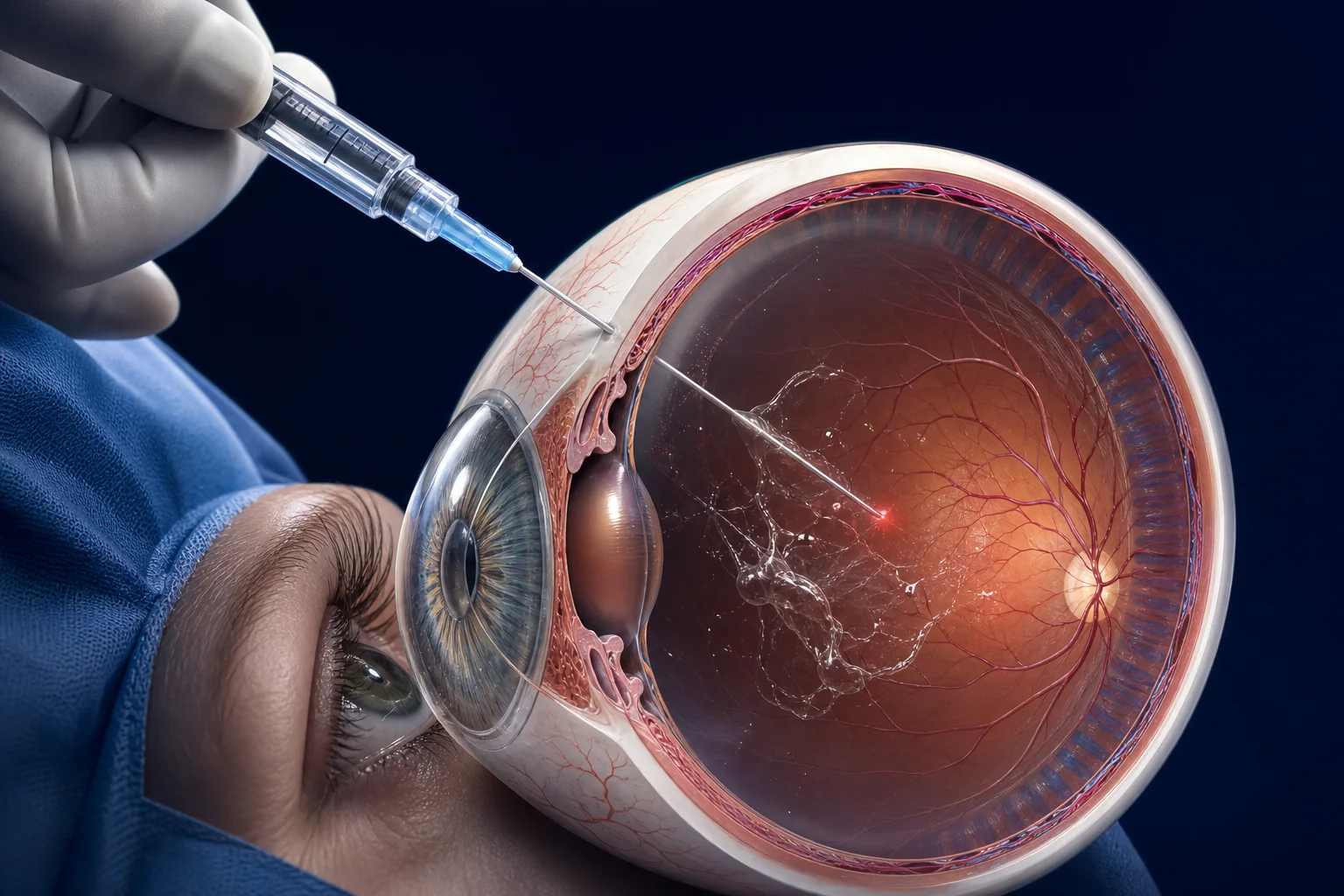 Illustrazione anatomica concettuale di una iniezione intravitreale
