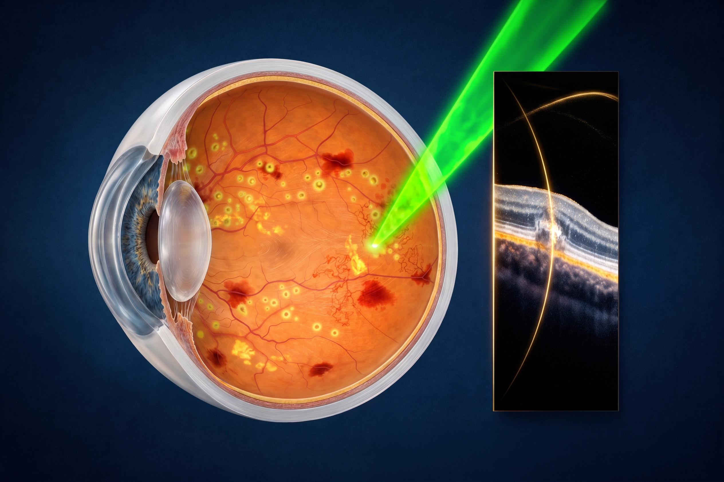 Illustrazione concettuale del laser diretto alla retina, con inserto schematico degli strati retinici