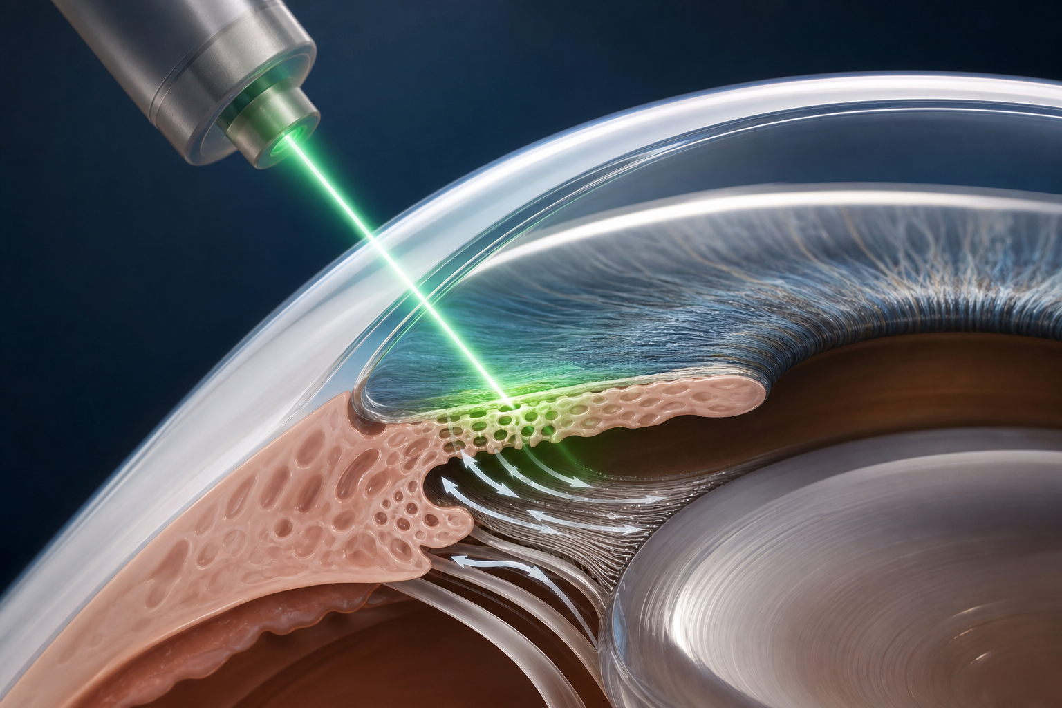 Illustrazione del laser SLT diretto sul trabecolato dell’angolo irido-corneale