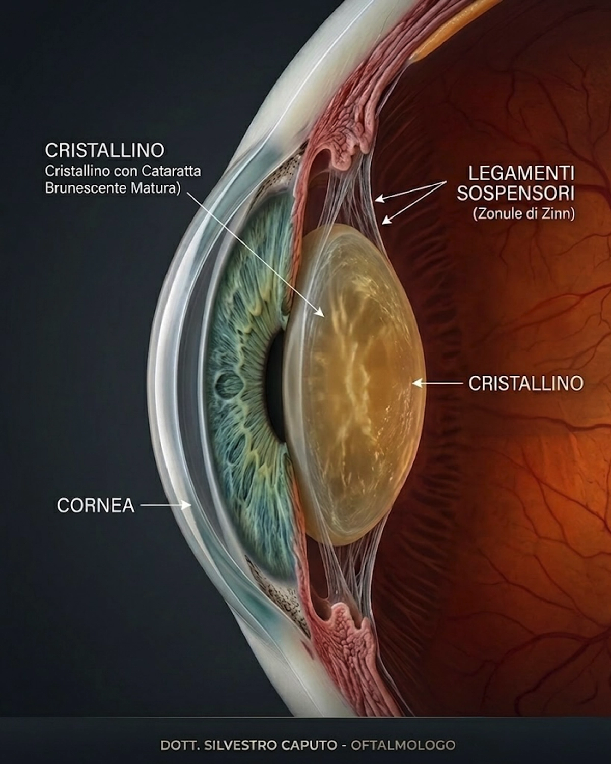 Cataratta · anatomia dell'occhio con cristallino opacizzato (cataratta brunescente matura) · Dott. Silvestro Caputo