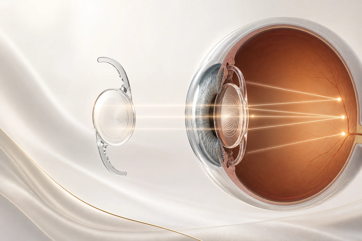 Illustrazione didattica assistita da intelligenza artificiale di lente intraoculare e percorso ottico
