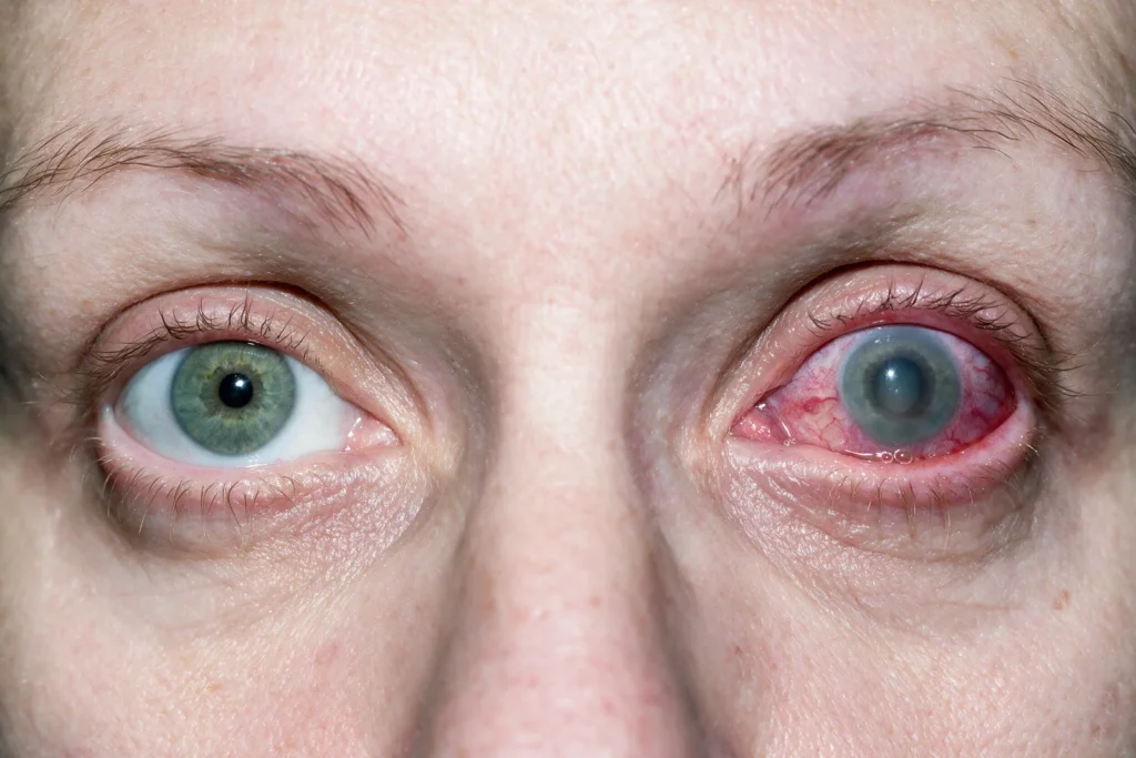 Occhio rosso con cornea opaca, immagine illustrativa della chiusura acuta dell’angolo