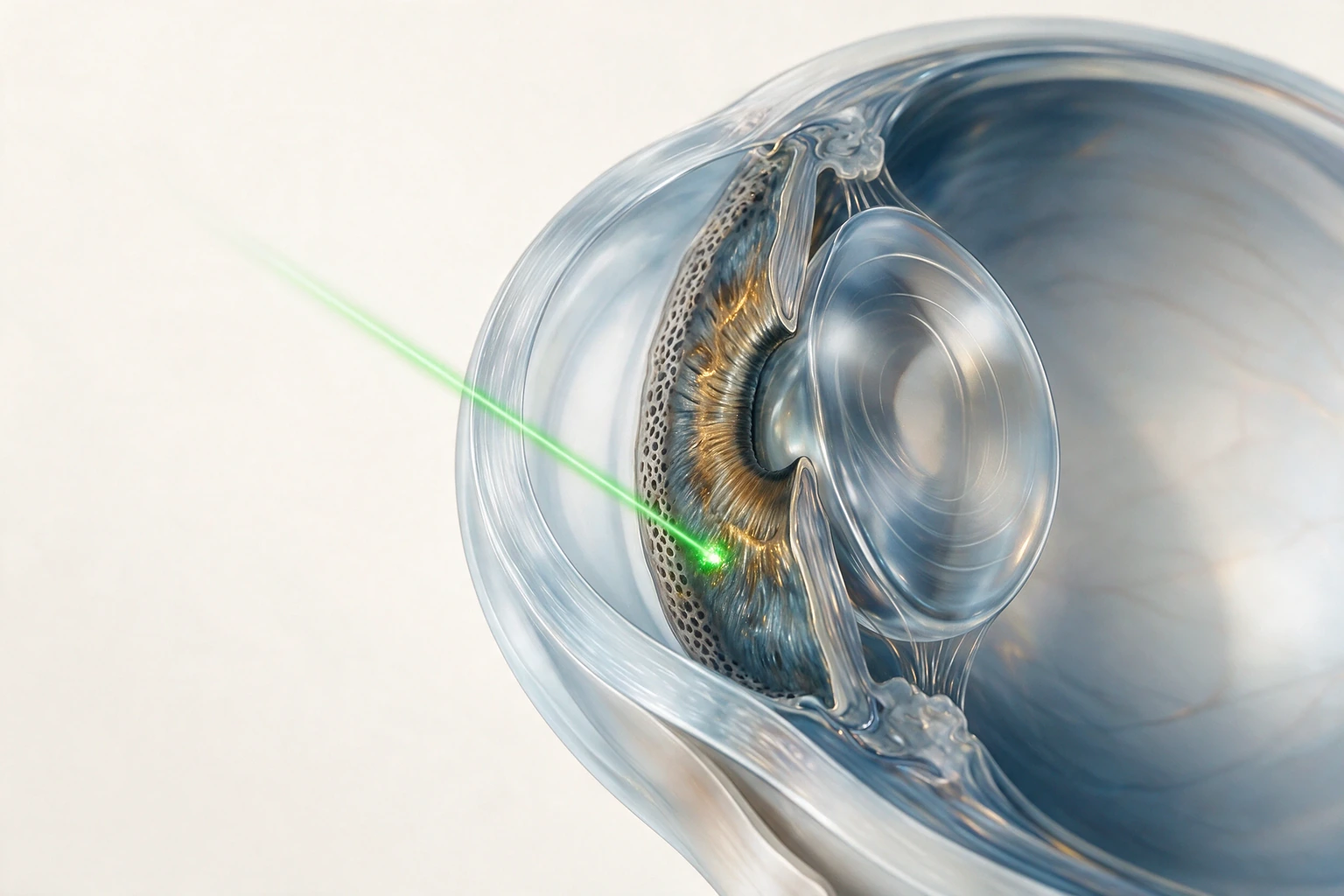 Illustrazione del laser SLT diretto all’angolo iridocorneale per il trattamento del glaucoma