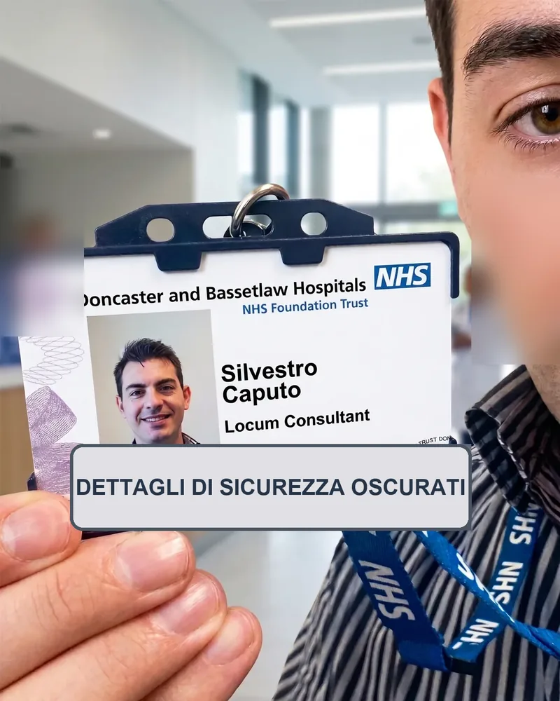 Badge NHS del Dott. Silvestro Caputo come Locum Consultant a Doncaster, versione redatta