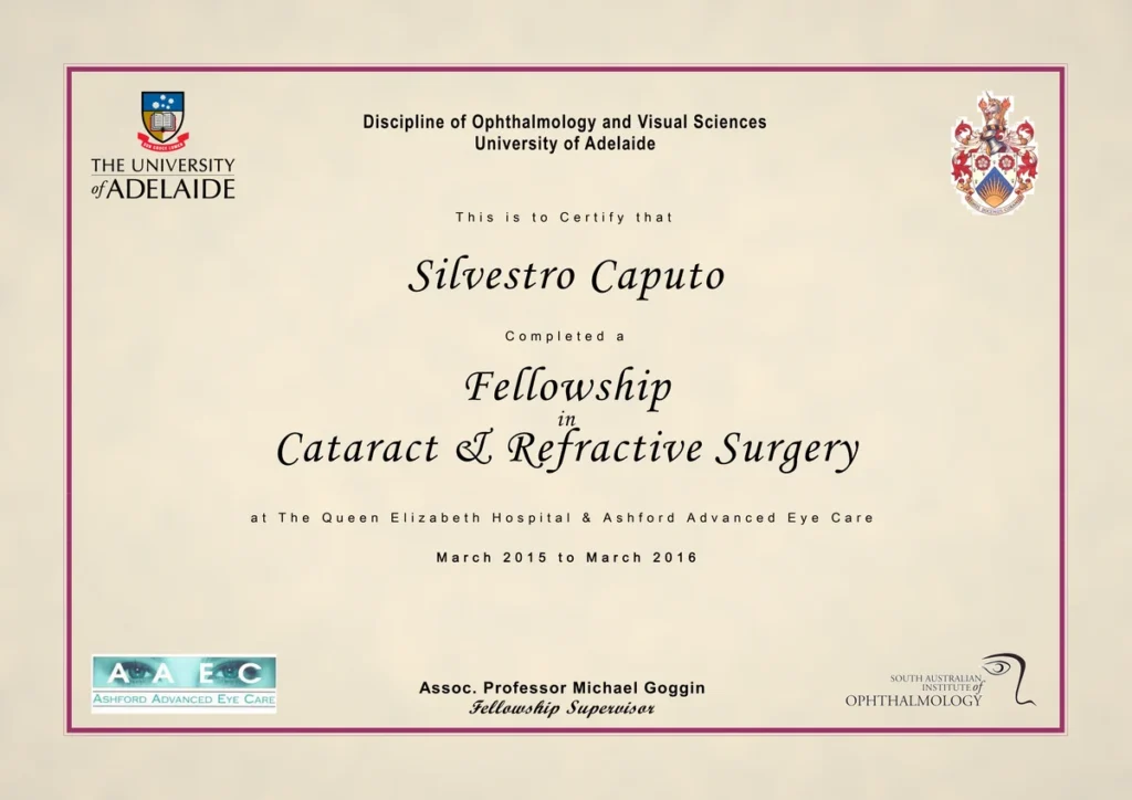 Attestato della fellowship in Cataract and Refractive Surgery ad Adelaide del Dott. Silvestro Caputo