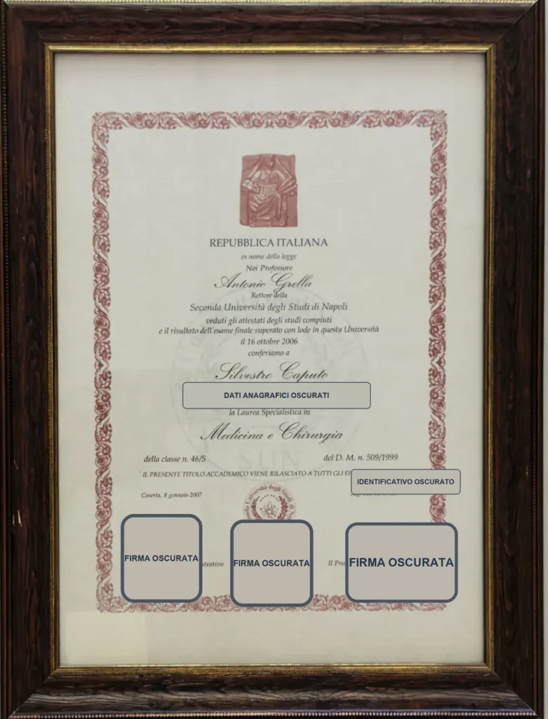 Laurea in Medicina e Chirurgia del Dott. Silvestro Caputo, documento con dati personali oscurati