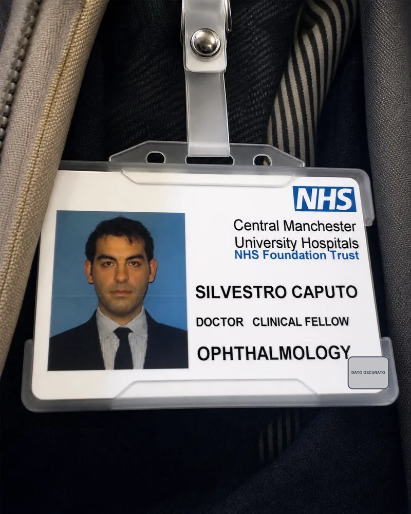 Badge NHS del Dott. Silvestro Caputo al Manchester Royal Eye Hospital, versione redatta